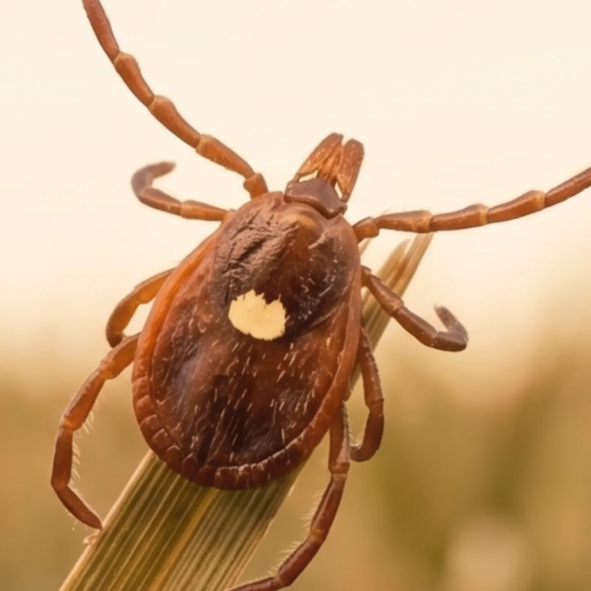 Lone star tick (Amblyomma americanum) questing on a grass stem, showing the single cream-colored dot on the female's back