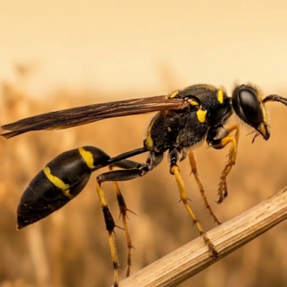 Mud dauber wasp (family Sphecidae) on a dry stem, showing its long thread-like waist and yellow markings