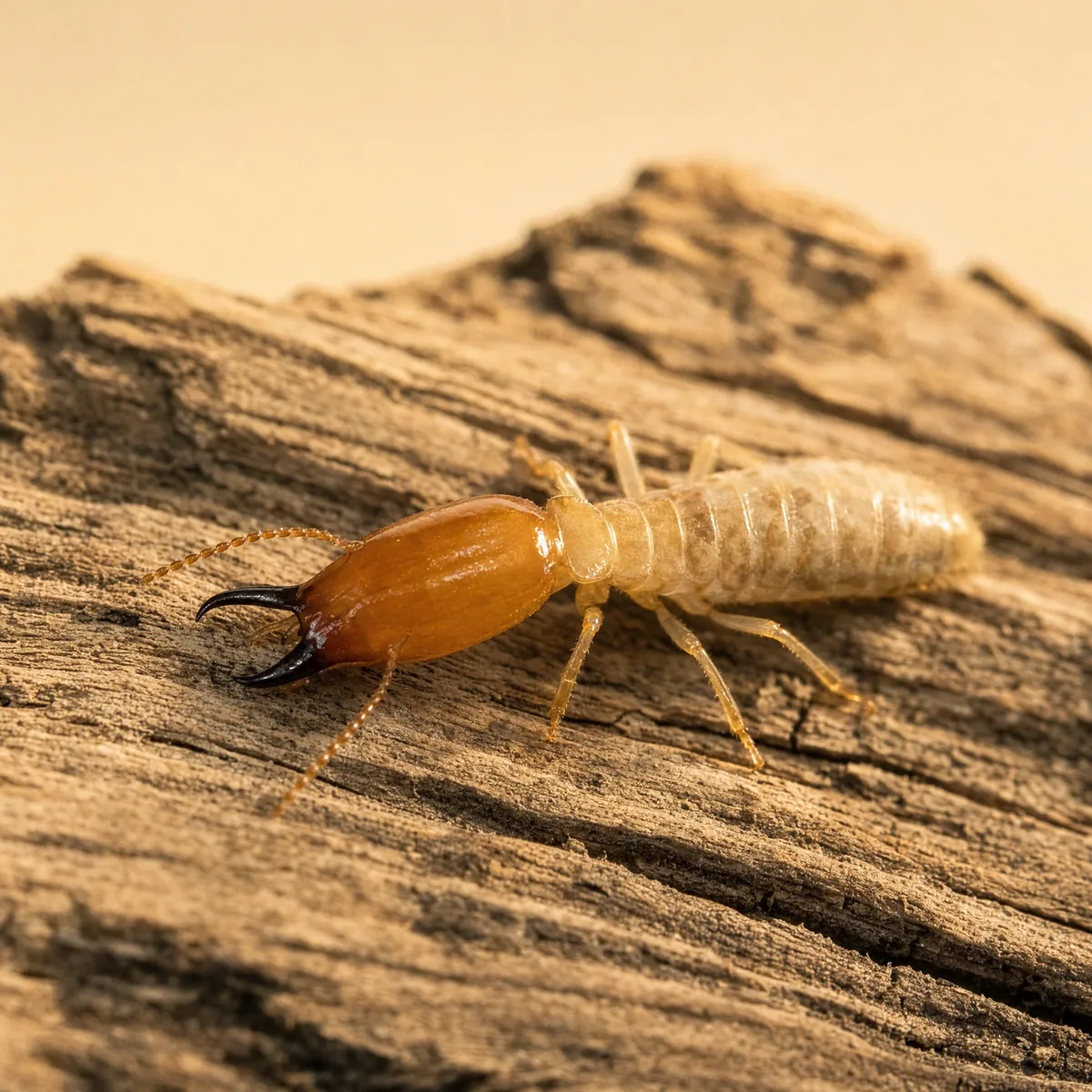 Native subterranean termite soldier (Reticulitermes) on weathered wood, showing its long rectangular brownish head and dark jaws