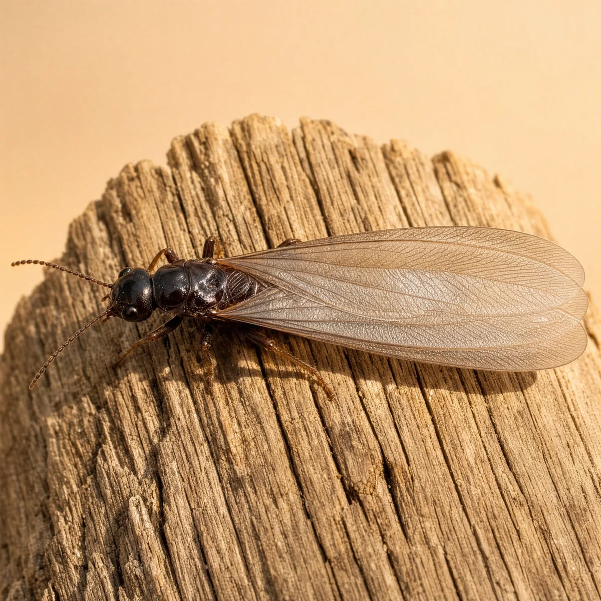 Native subterranean termite swarmer (Reticulitermes) on weathered wood, showing its dark body and four long wings of equal size