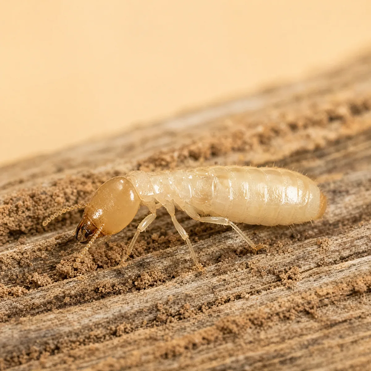 Native subterranean termite worker (Reticulitermes) on weathered wood, showing its soft creamy white body and straight beadlike antennae