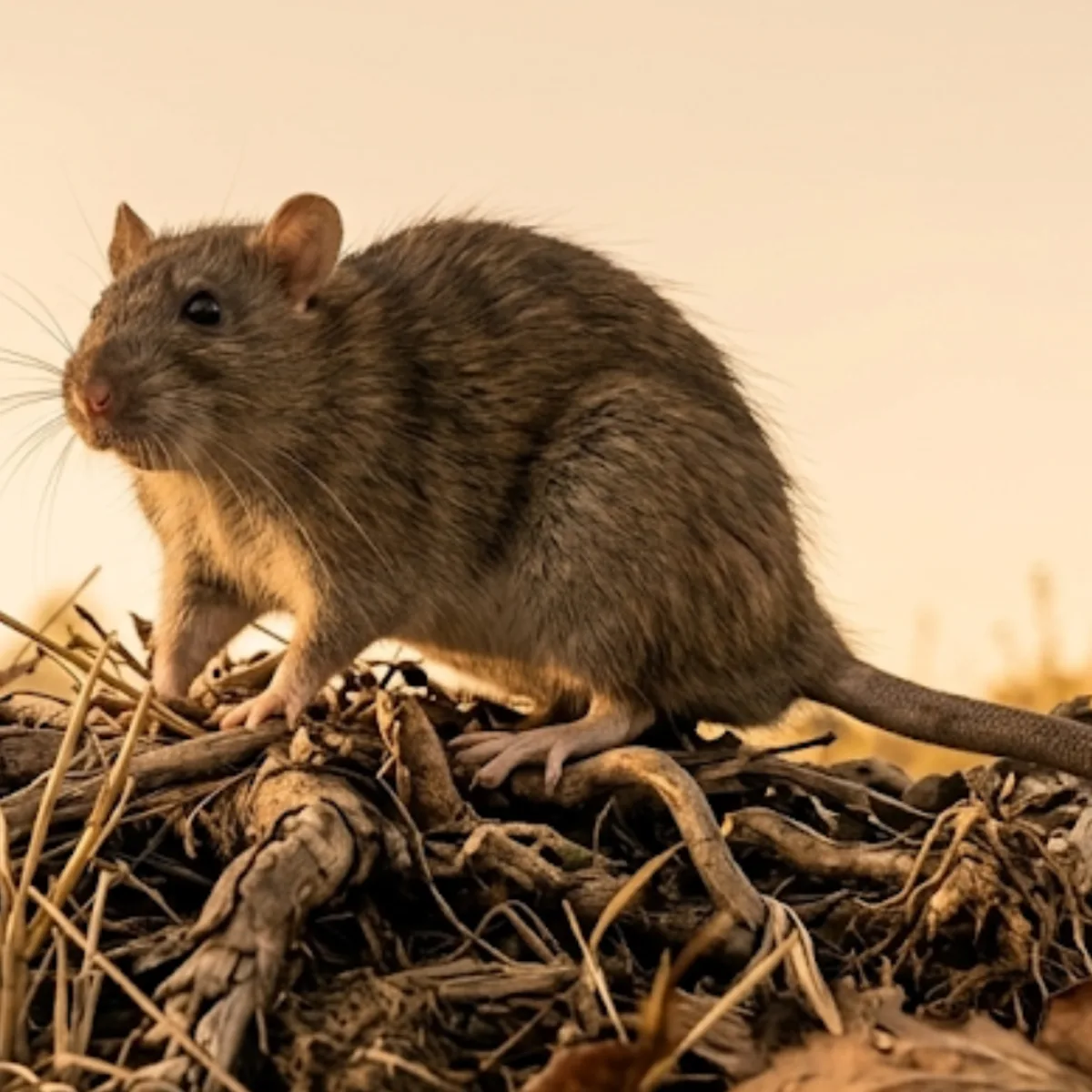 Norway rat (Rattus norvegicus) on ground debris, showing its heavy body, small ears and blunt nose