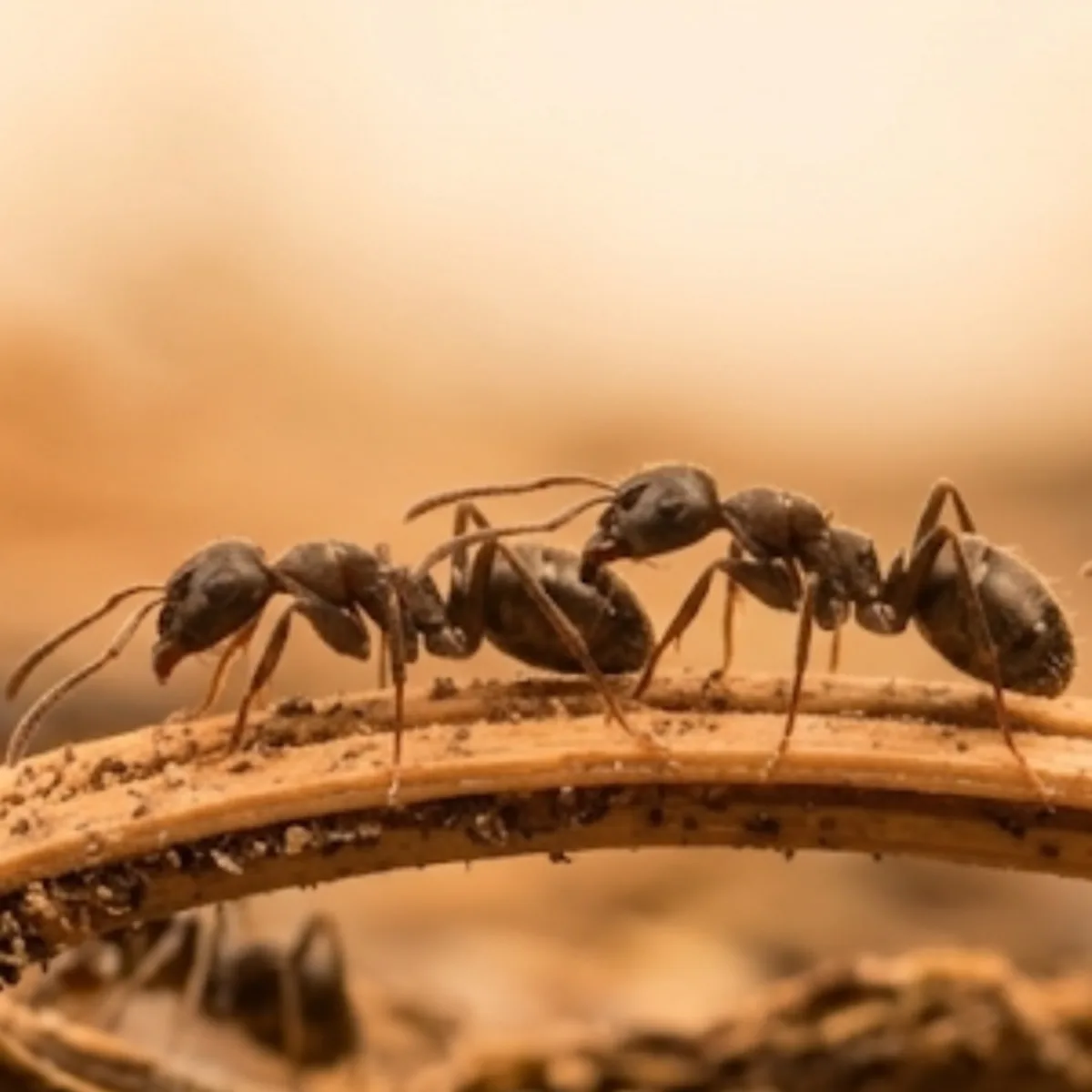 Odorous house ants (Tapinoma sessile) trailing along a dry stem, showing their small dark brown bodies