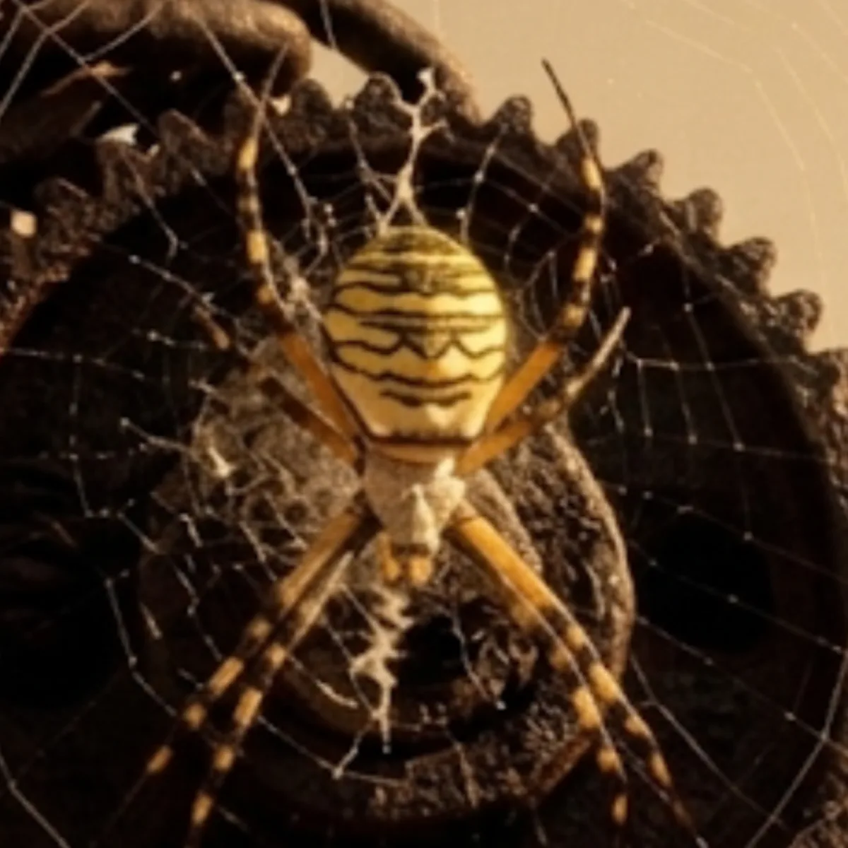 Orb weaver spider (family Araneidae) at the center of its circular web, showing its yellow and black patterned abdomen