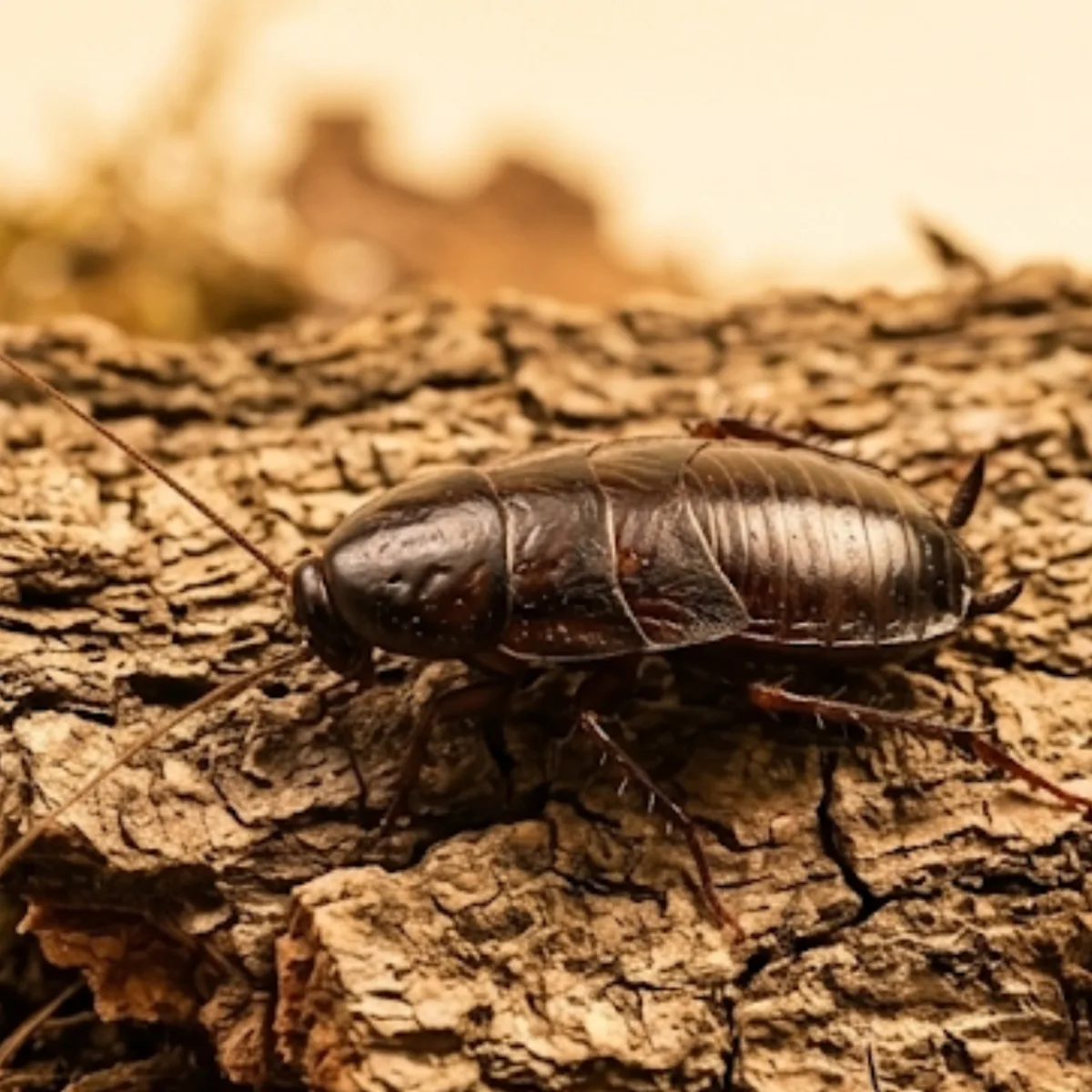 Oriental cockroach (Blatta orientalis) on a dry stem, showing its stout, glossy near-black body