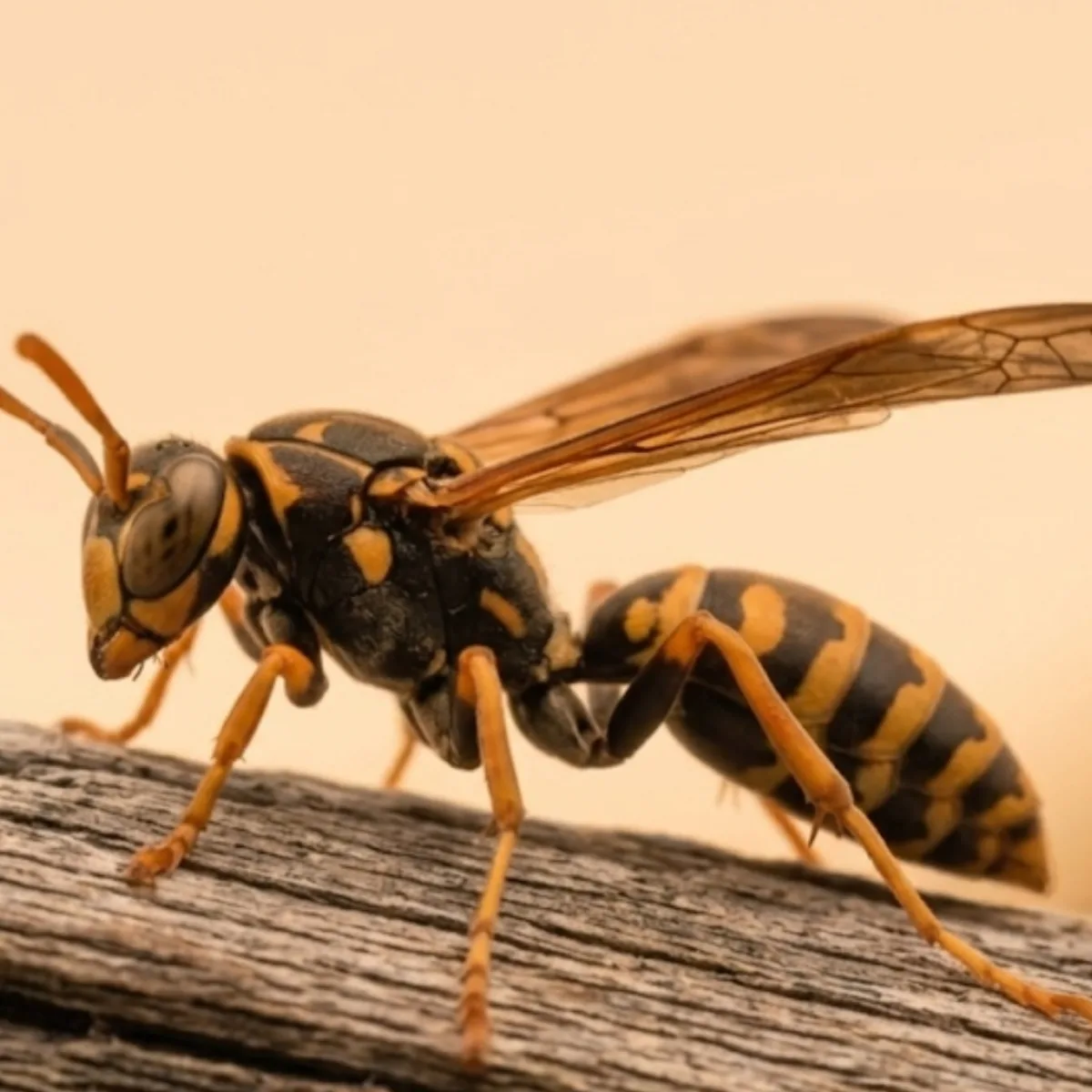 Paper wasp (Polistes) on weathered wood, showing its slender body, long legs and yellow-and-black banded abdomen
