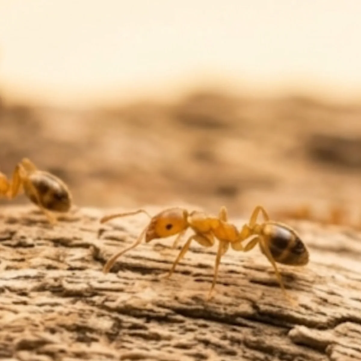 Pharaoh ant (Monomorium pharaonis) on weathered wood, showing its pale yellow body and darker abdomen tip