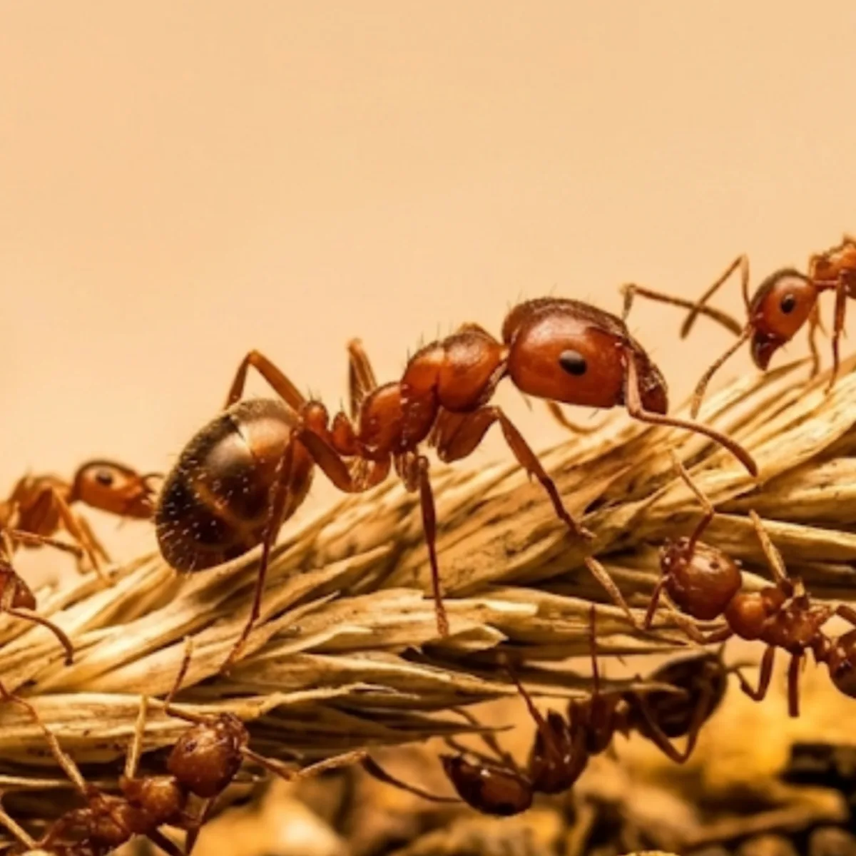 Red imported fire ant (Solenopsis invicta) workers on a dry grass stem, showing their reddish-brown heads and darker abdomens