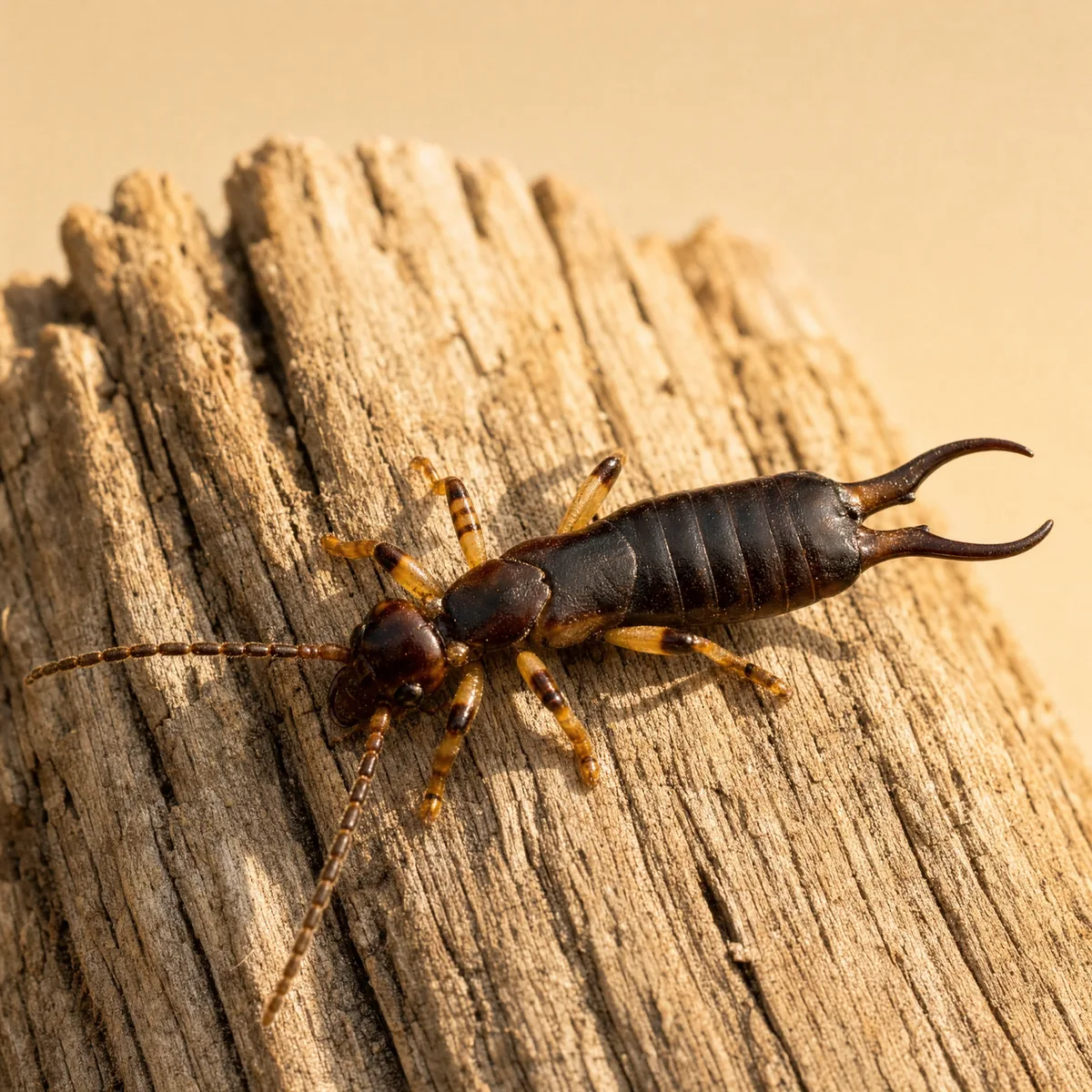 Ringlegged earwig on weathered wood, showing its glossy dark wingless body, banded yellow legs and tail pincers