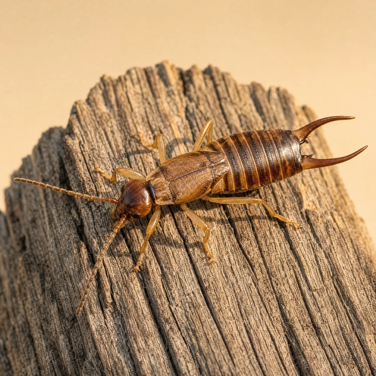 Riparian earwig on weathered wood, showing its large pale tan striped body and long pincers
