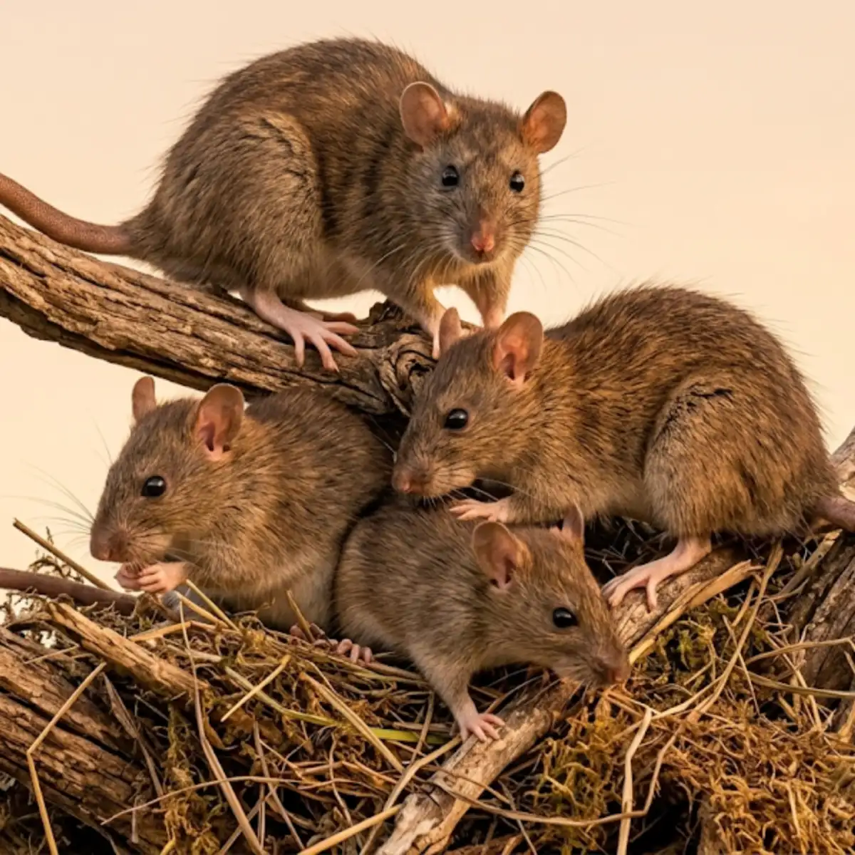 Roof rats (Rattus rattus) grouped on a branch above a nest, showing their slender bodies, large ears and long tails
