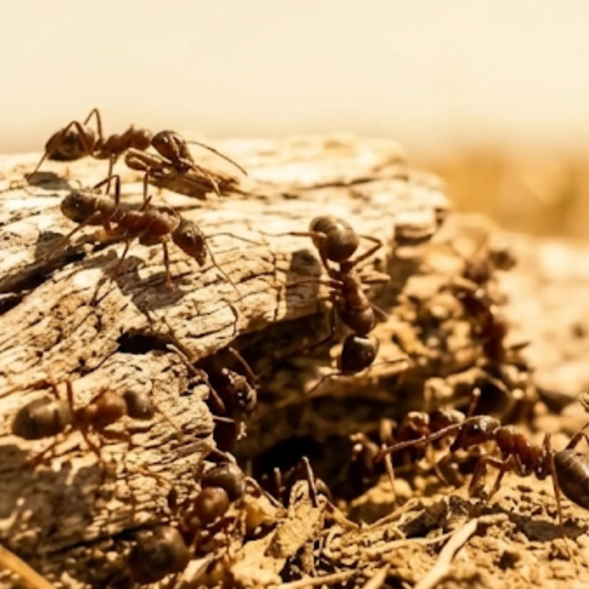 Rover ants (Brachymyrmex) crossing weathered wood near a nest opening, showing their very small dark bodies