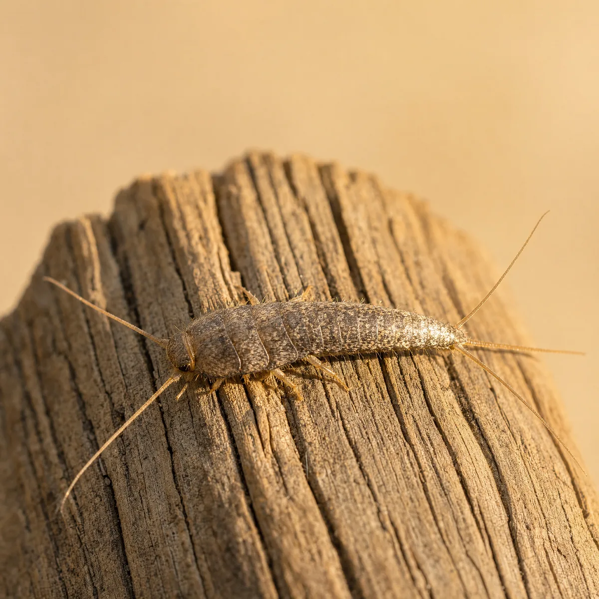 Silverfish on weathered wood, showing its flat carrot-shaped silvery body, two long antennae and three tails