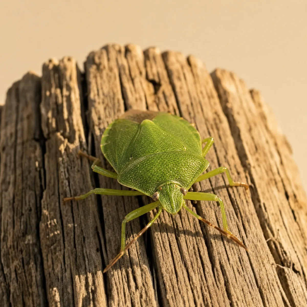 Southern green stink bug on weathered wood, showing its solid bright green shield-shaped body