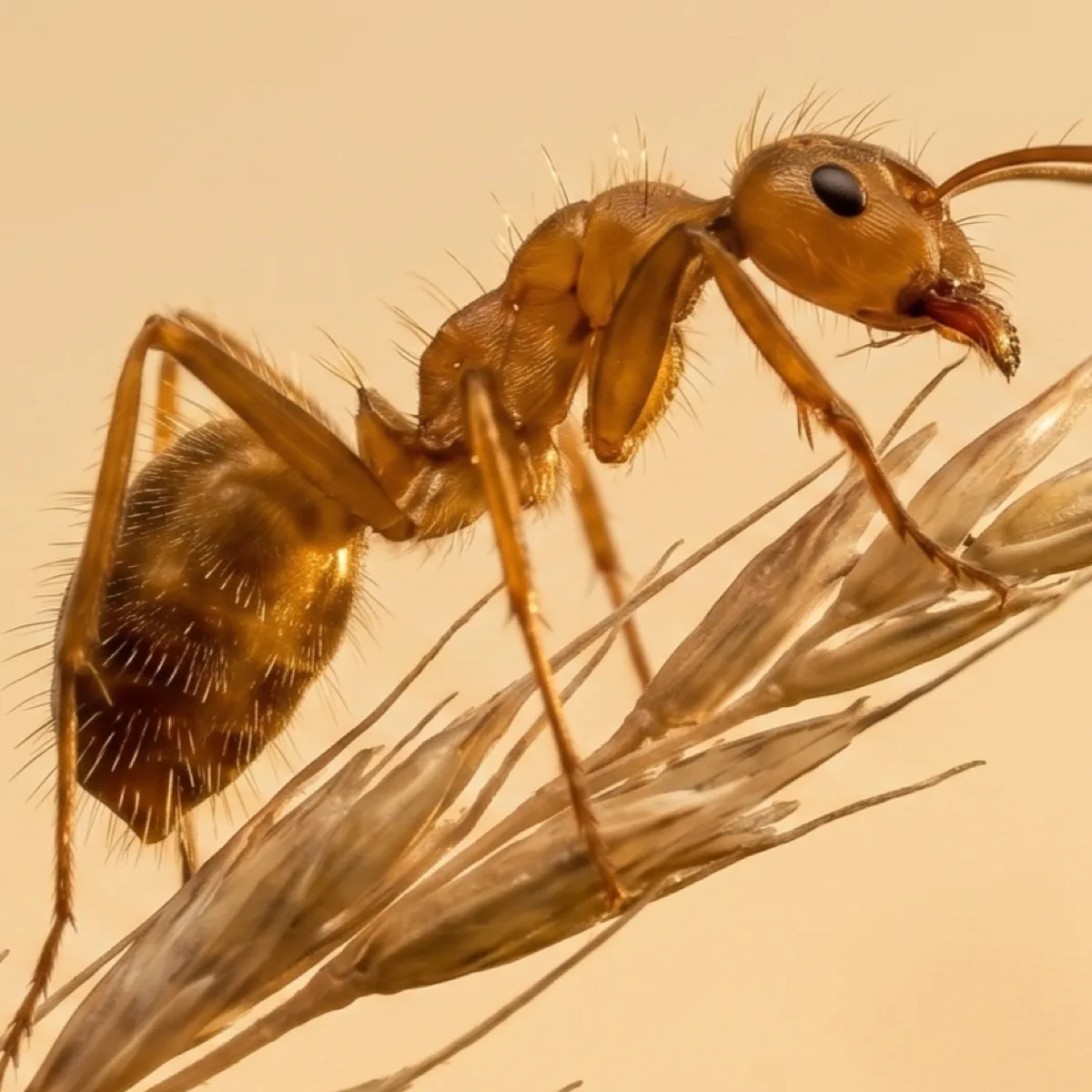 Tawny crazy ant (Nylanderia fulva) on a dry grass seed head, showing its golden brown body and dense pale hairs