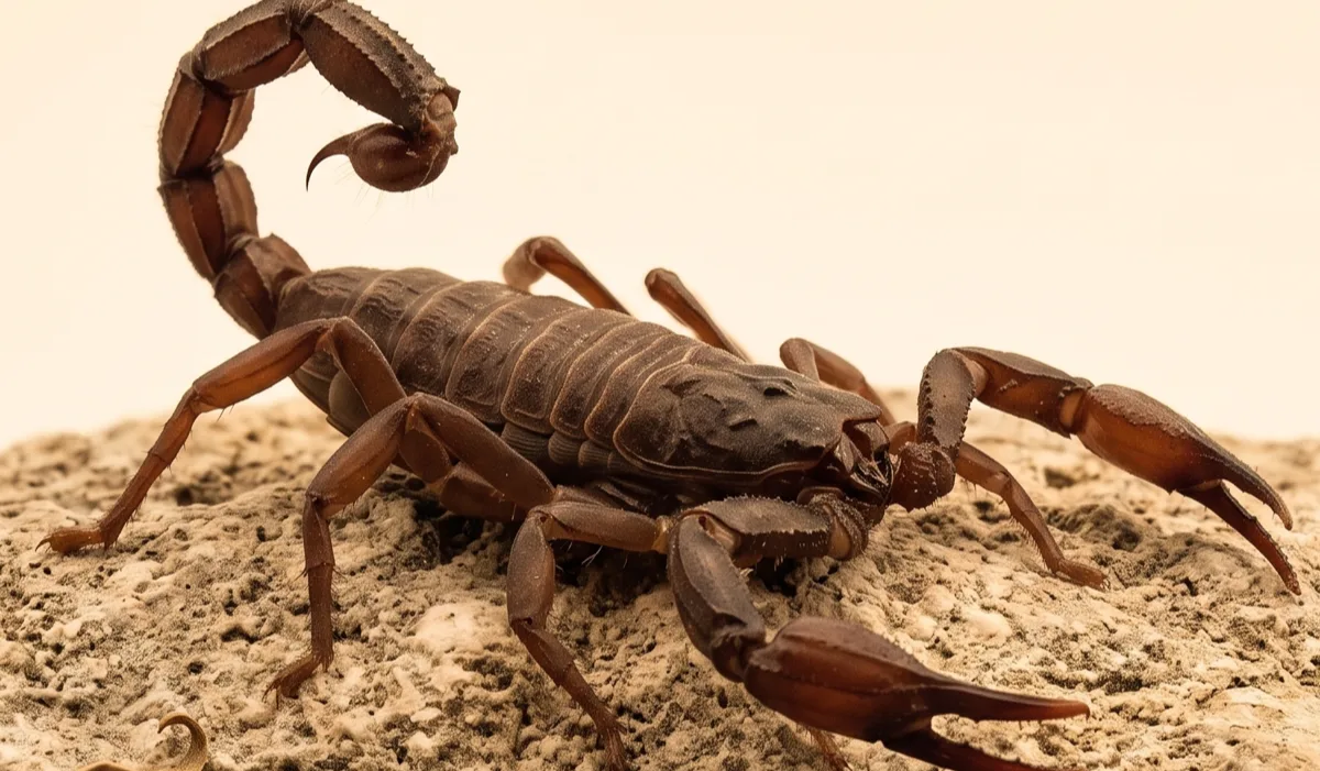 Texas cave scorpion (Pseudouroctonus reddelli) on pale limestone, showing its dark heavy body and thick pincers