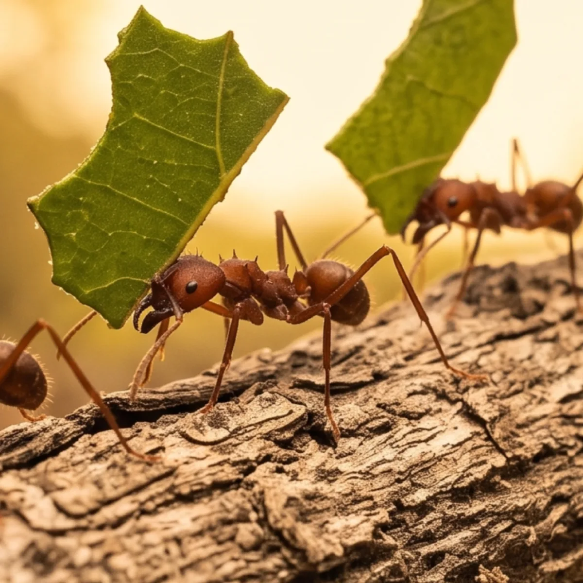 Texas leafcutting ants carrying cut green leaf fragments along a piece of bark