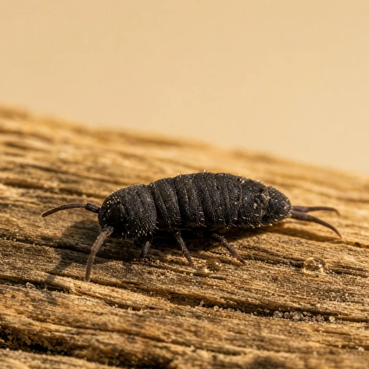 Water springtail on weathered wood, showing its dark blue-black velvety body and forked jumping tail