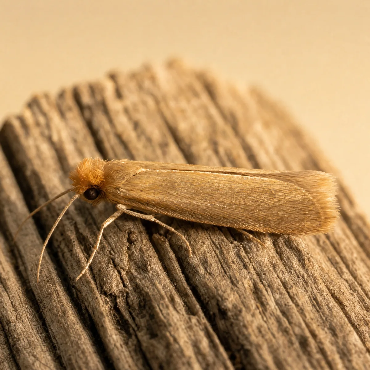 Webbing clothes moth on weathered wood, showing its small slender golden-buff wings with fringed edges