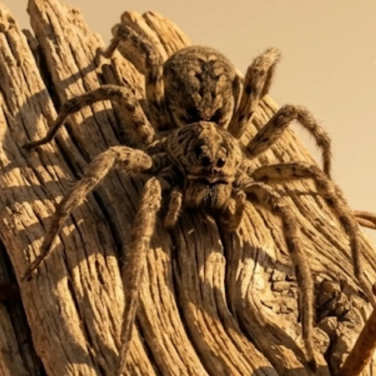 Wolf spider (family Lycosidae) on a weathered wooden post, showing its large hairy body and mottled brown markings