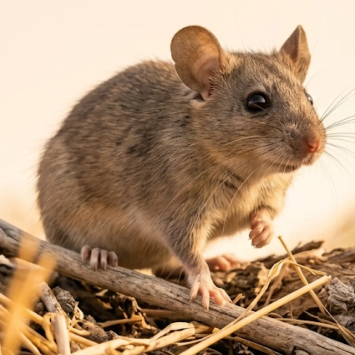 Woodrat, or pack rat (Neotoma), on brush debris, showing its soft gray-brown coat, large ears and pale feet