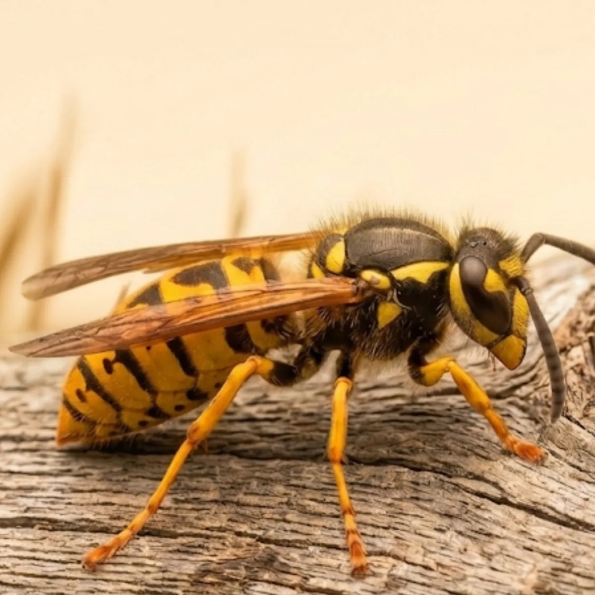 Yellowjacket (Vespula squamosa) on weathered wood, showing its stocky bright yellow and black body